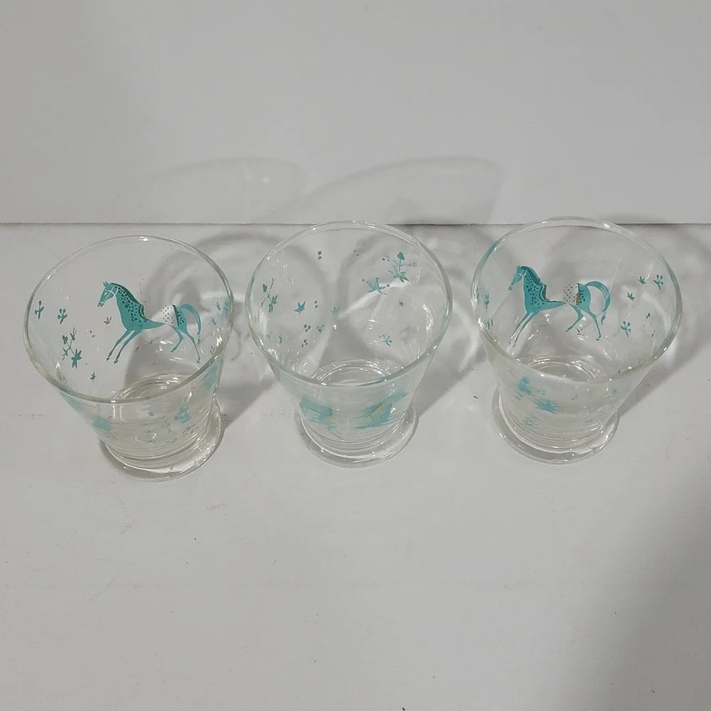 Vintage Mid Century Turquoise Gold Horse Juice Glasses Set of 3 MCM Barware 3in